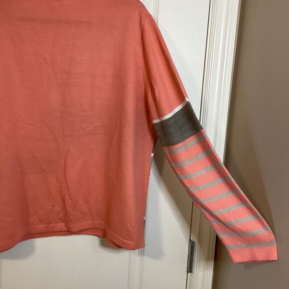 Alia Women's Sweater Size Petite (PL) Peach Gray Striped V-Neck Thin Lightweight - Picture 5 of 7